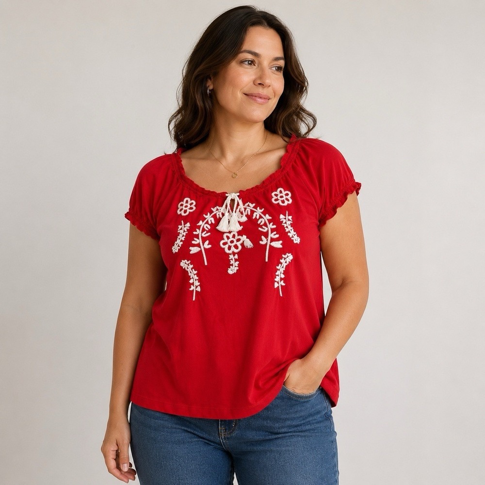 Grace Embroidered Red Floral Peasant Top Shirt XL Short Sleeve 100% Pima Cotton